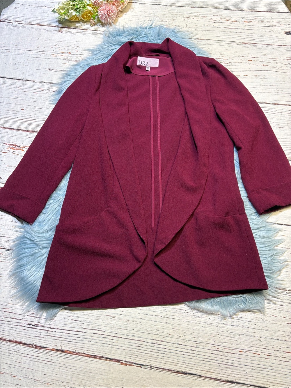 DR2 Women's Burgundy Open-Front Draped Blazer Sz M